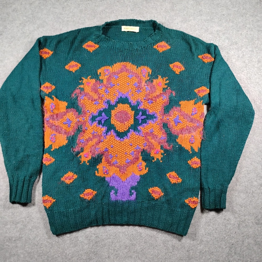 Alberto Makali Vintage Green Mandala Intarsia Knit Sweater Small Boho Eclectic